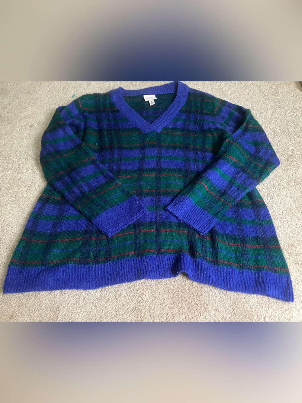 St. John's Bay V-Neck Plaid Sweater in Blue, Green and Red